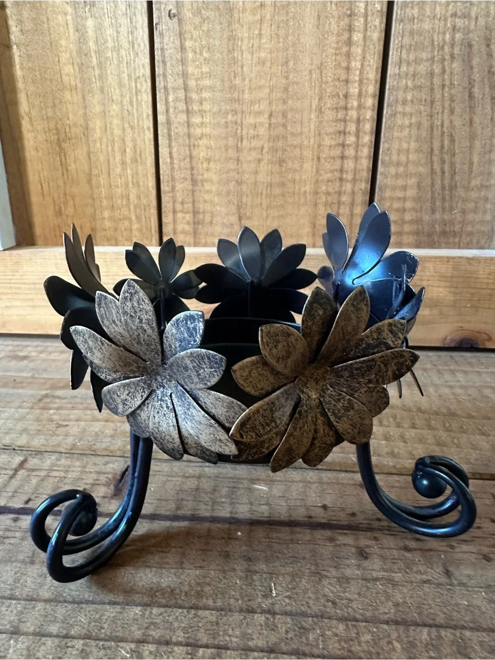 Decorative Metal Floral Candle Holder - Black and Gold Home Accent